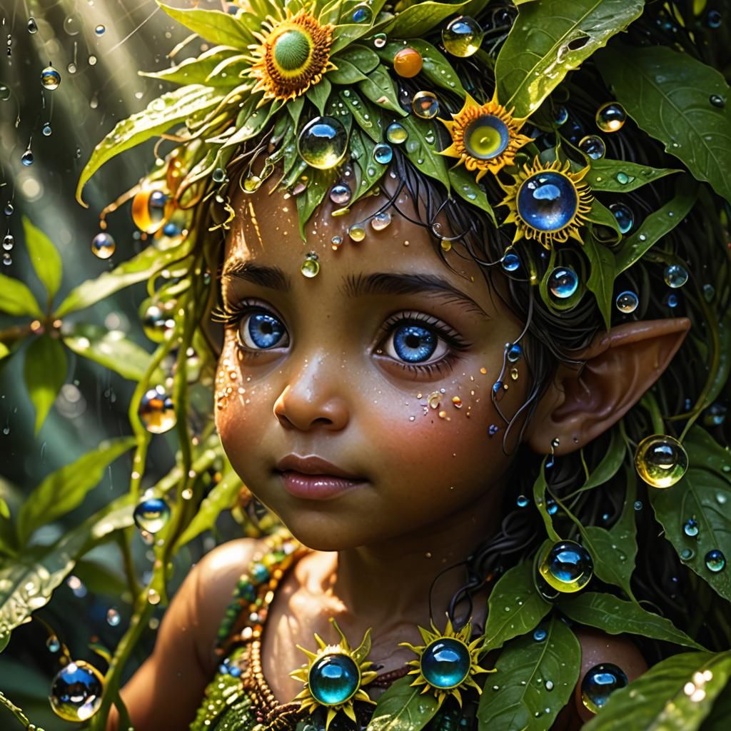 Intricate Macro Photograph of Newborn Elf-Dryad in Forest