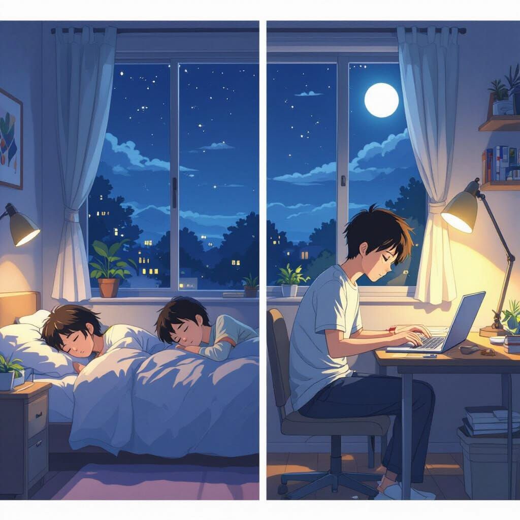 Anime Split-Screen: Sleep vs Study at Night