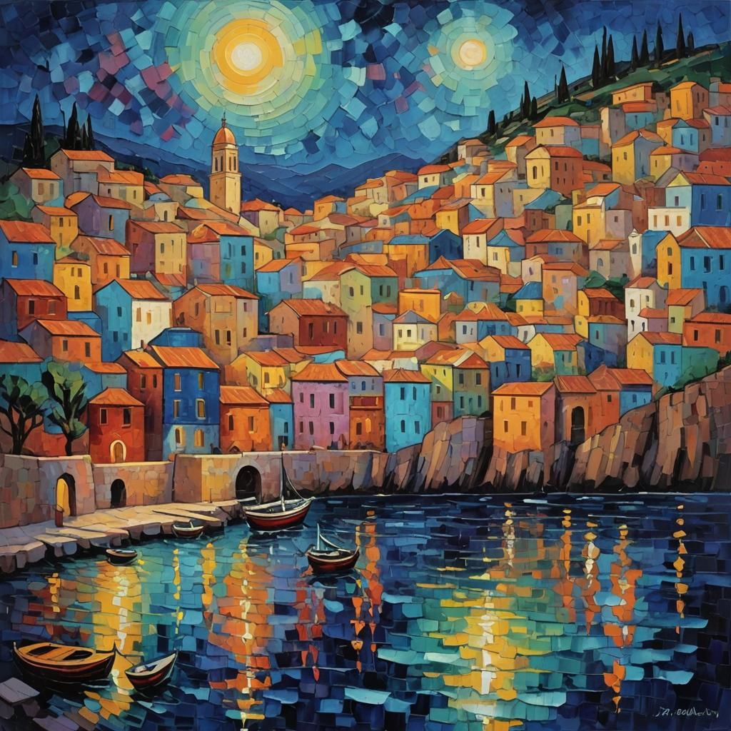 Colorful Mediterranean at Midnight in Expressionist Style
