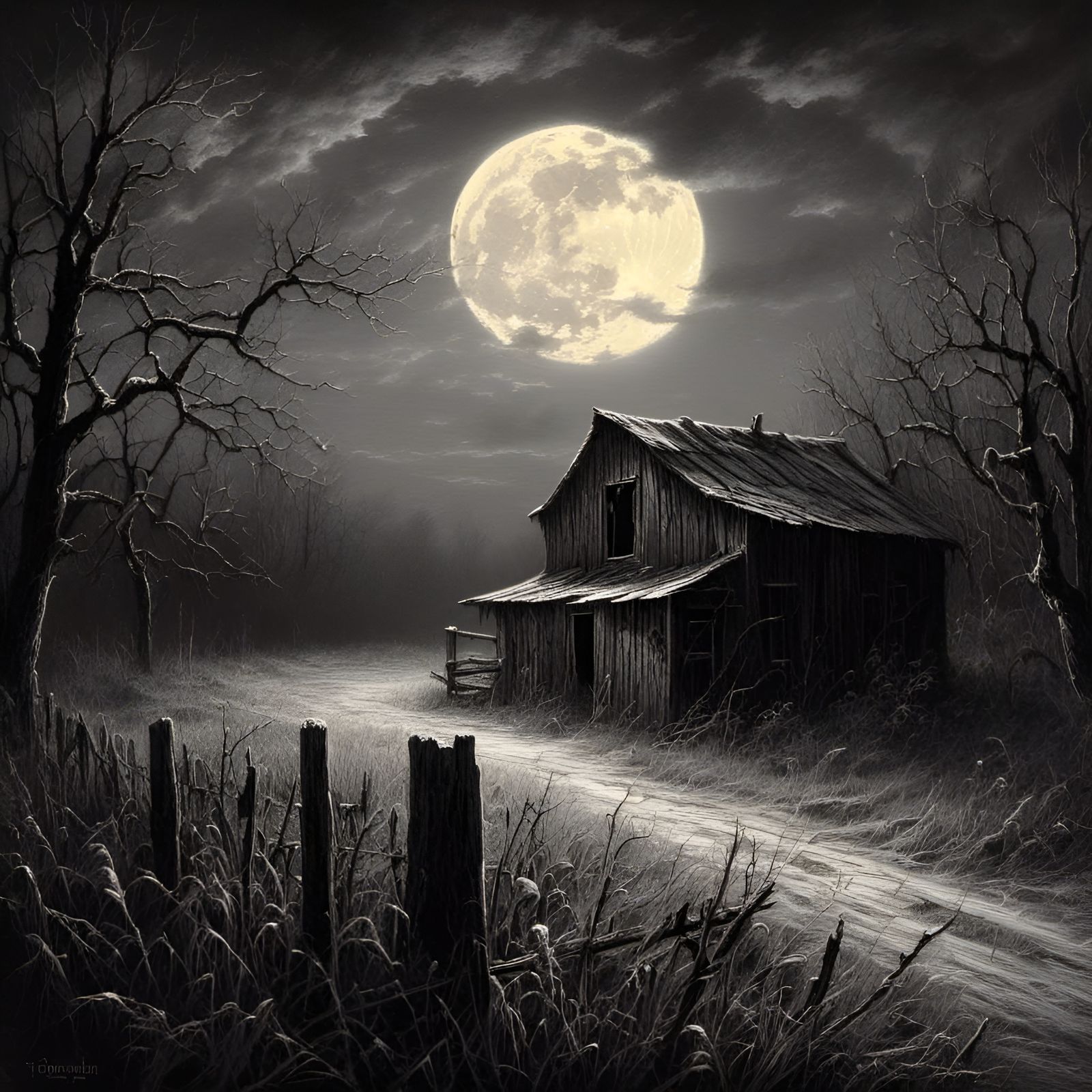 Fantastical Super Moonrise with Owl in Macabre Style