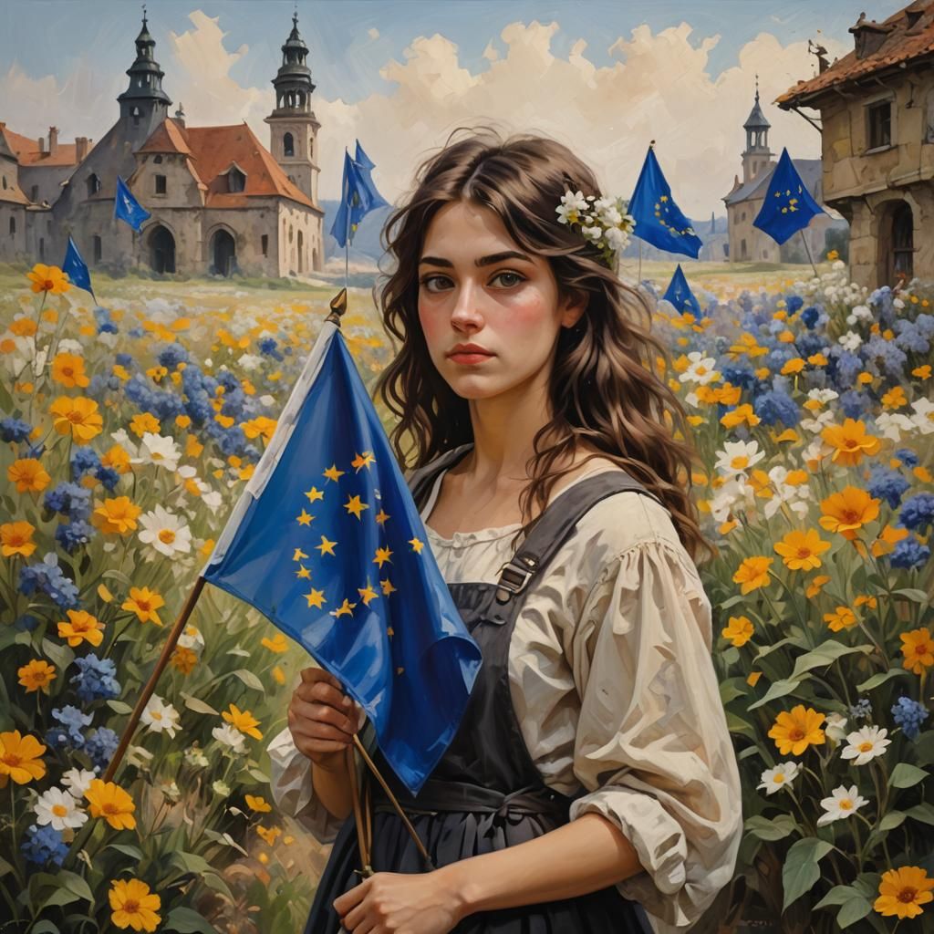 Girl with EU Flag, Oil Painting Style