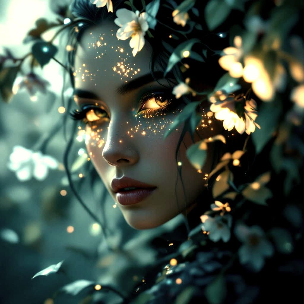 Ethereal Tree Ent Goddess in Cherry Blossom Forest