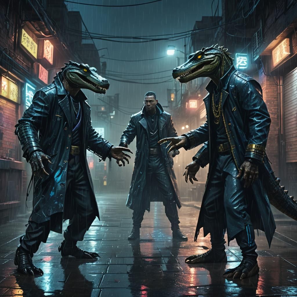 Cyberpunk Alligator Wrestler Confronts Alligator Priest