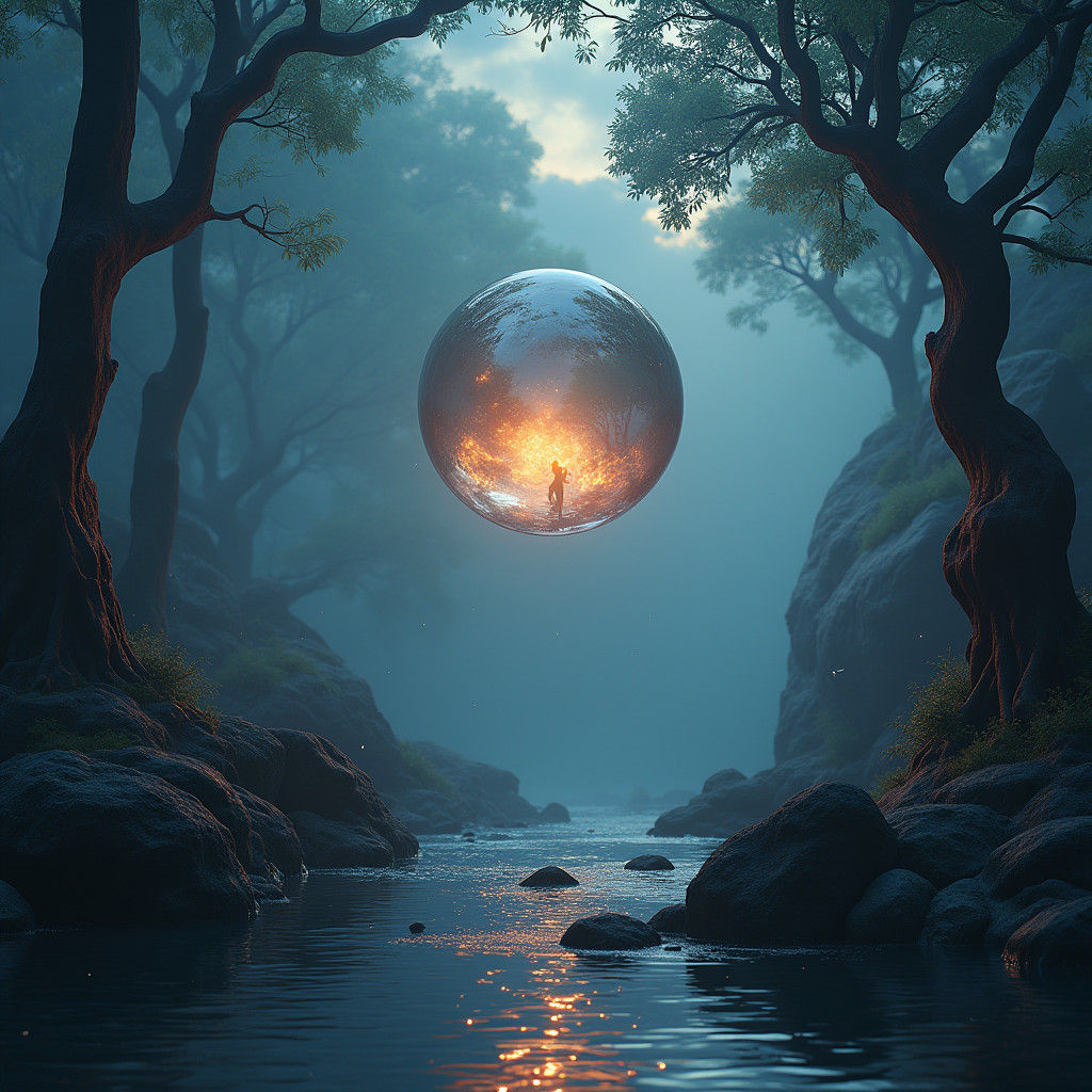 Floating Glass Orb Illuminates Dark Fantasy Landscape