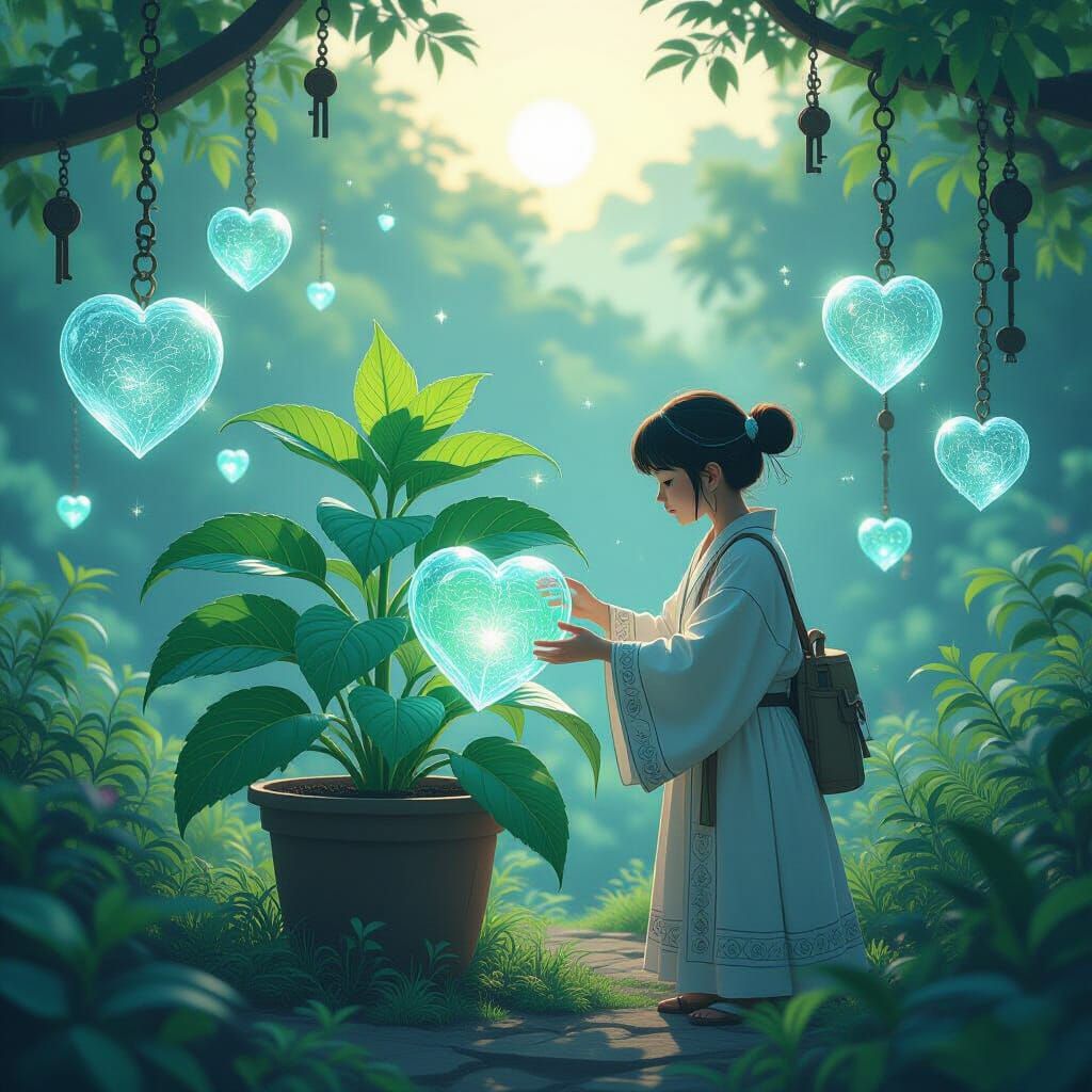 Lush Bioluminescent Garden at Sunrise, Holographic Illustrat...