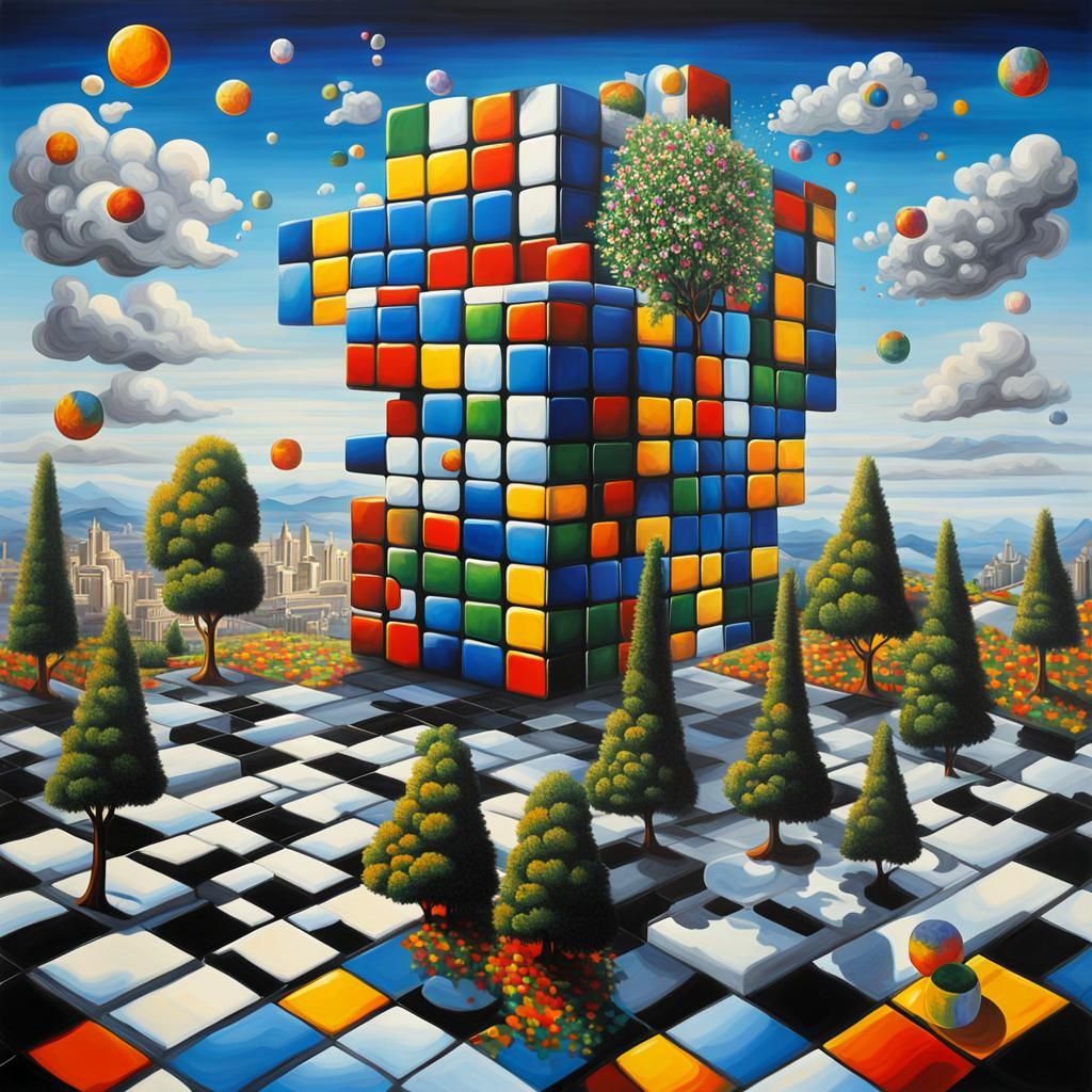 Surreal Rubik's Cube Cityscape in Oil on Canvas