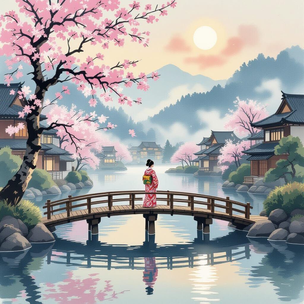 Japanese Village with Woman in Kimono, Ukiyo-e Style