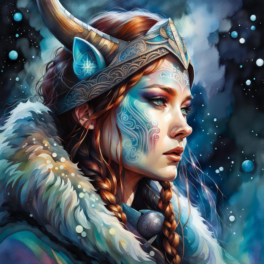 Norse Goddess Stroll: Hyperdetailed Watercolor Dreamscape