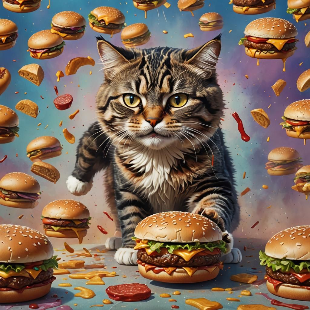 Hyperrealistic Cat Enjoys Burger King Feast