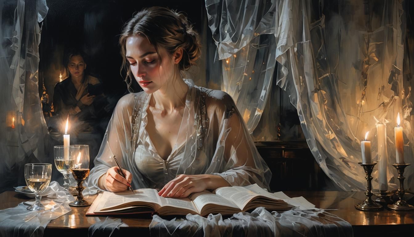 Woman Reading by Candlelight in Surreal Style