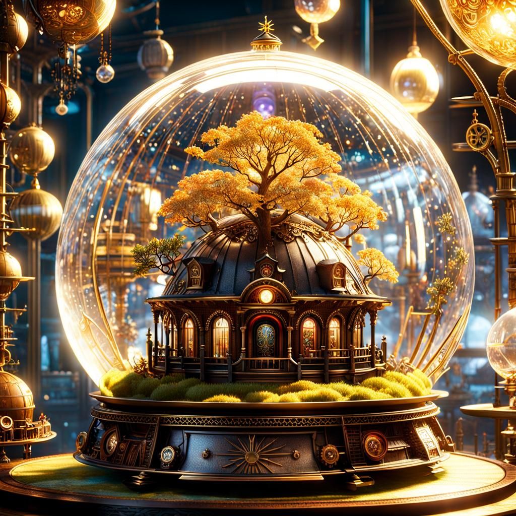 Steampunk wonderland inside a glass-sphere