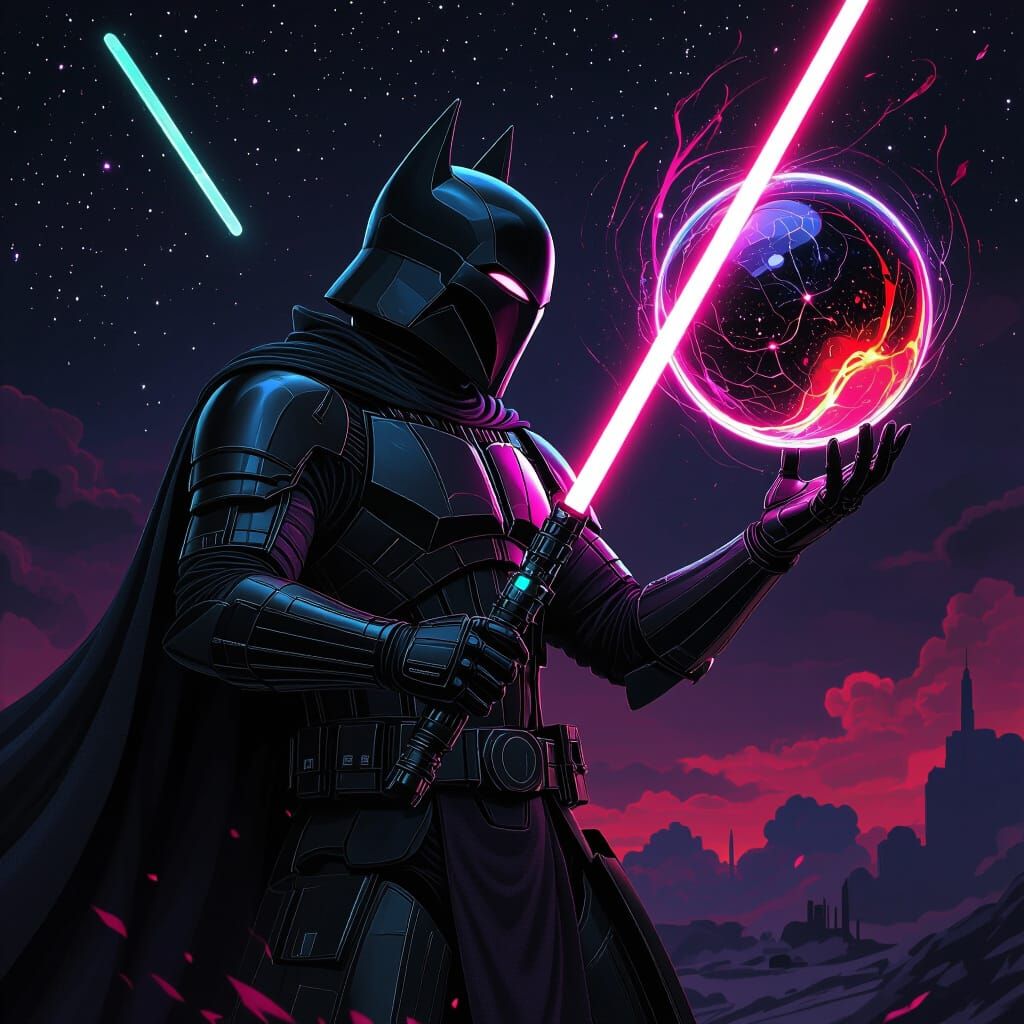 Futuristic Dark Knight with Black Lightsaber in Splash Art S...