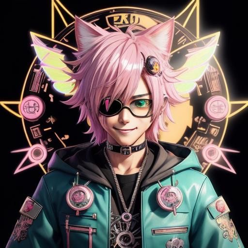 Kawaii Cat Boy with Cyberpunk Wings in Anime Style