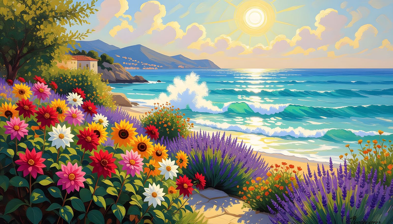 Lush Summer Garden with Dahlias by the Sea