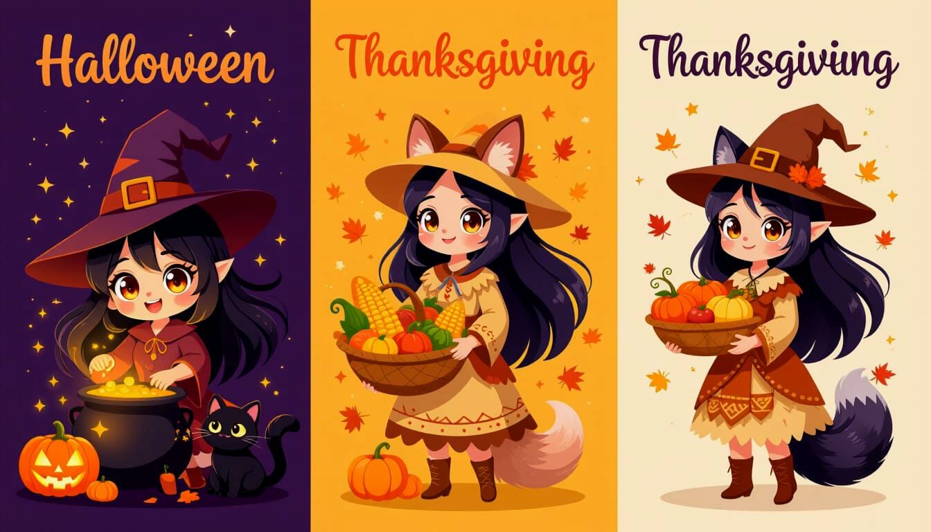Anime Triptych: Halloween, Thanksgiving, Christmas Kitsune C...