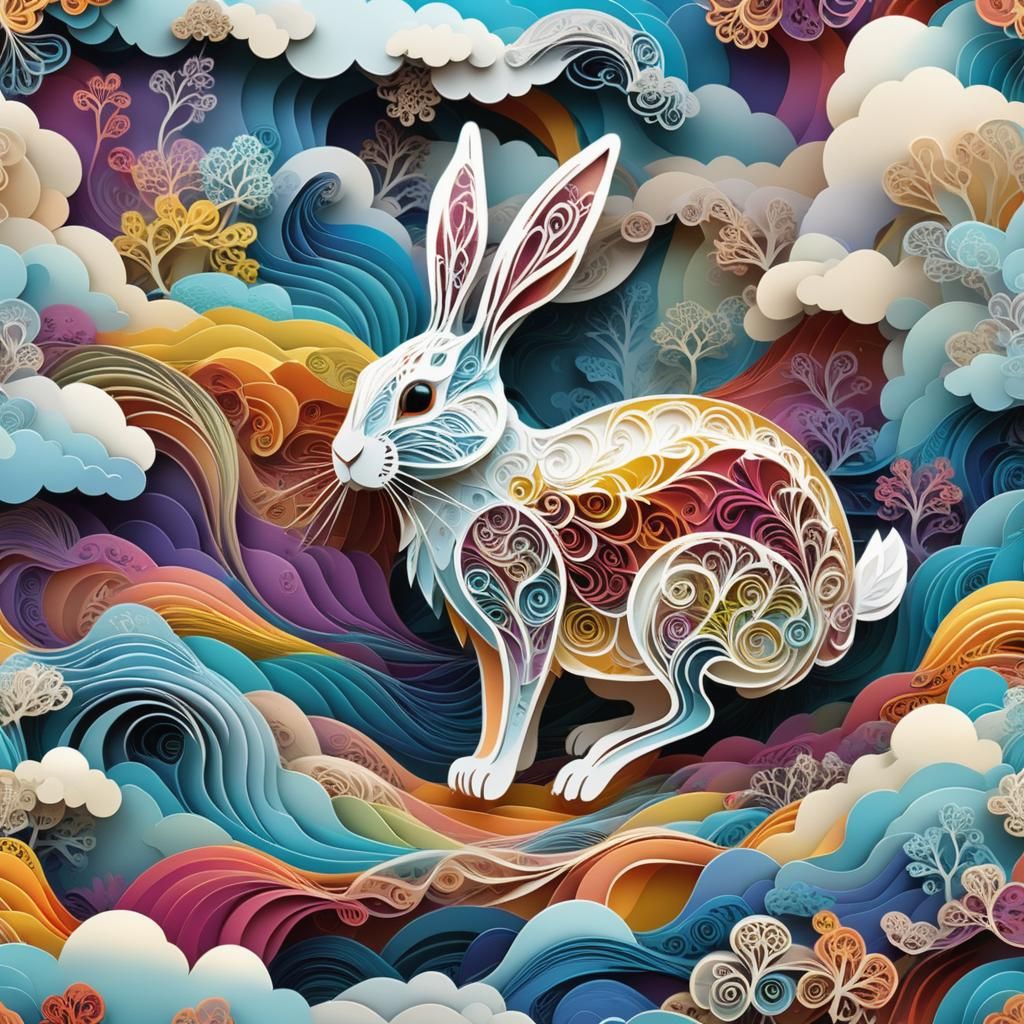 Colorful Rabbit in the Sky as Kirigami Art