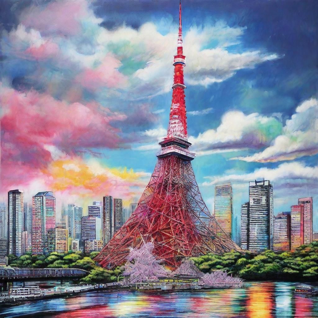Tokyo Tower Chalk Art in Polychromatic Graffiti Style