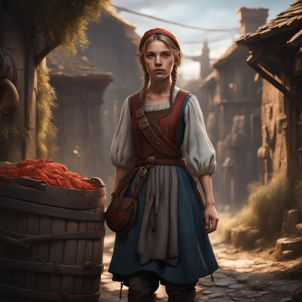 Fantastical Peasant Girl Thief in Matte Painting Style