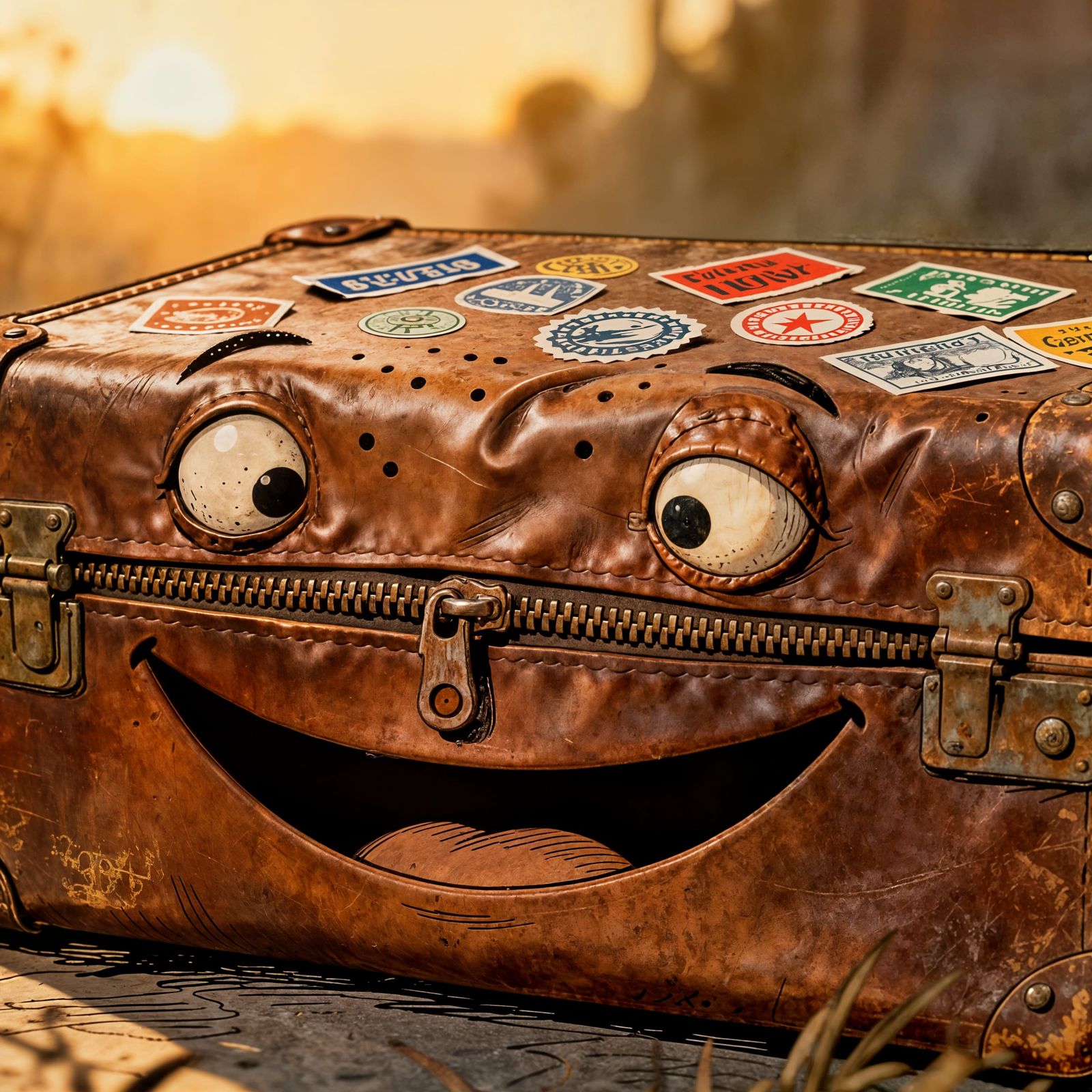 Vintage Suitcase with Eyes and Smiling Zipper
