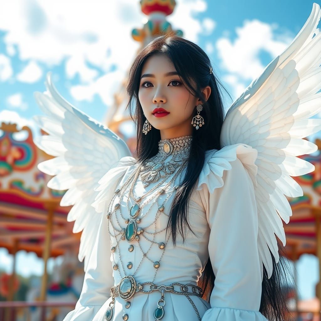 Ethereal Gothic Angel Before a Carousel