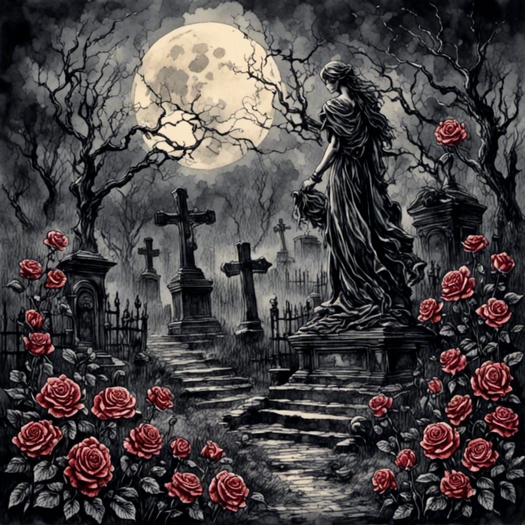 Moonlit Graveyard with Roses in Horror Style