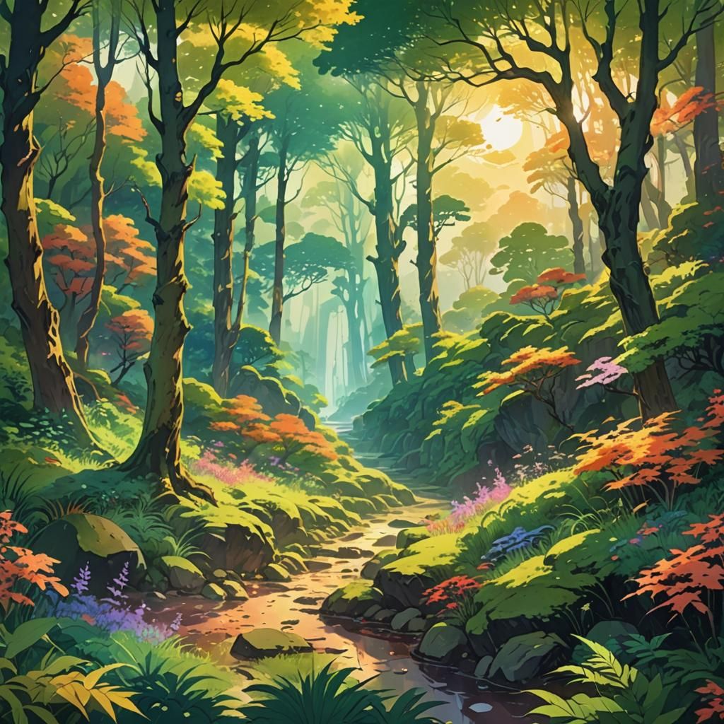 Vibrant Anime Forest Landscape with Dramatic Lighting