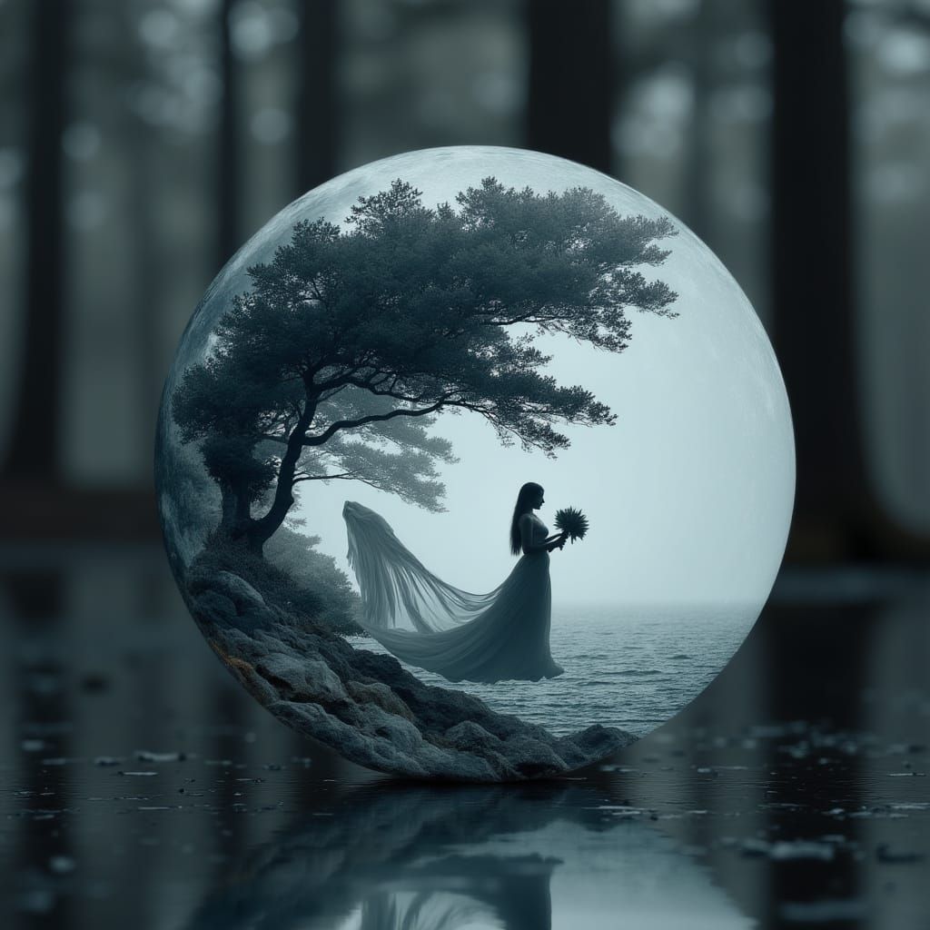 <lora:MJ7 Double Exposure:1.0> Svelte moon eye koi tank double exposure art by Luis Royo Magda Archer Ruben Ireland