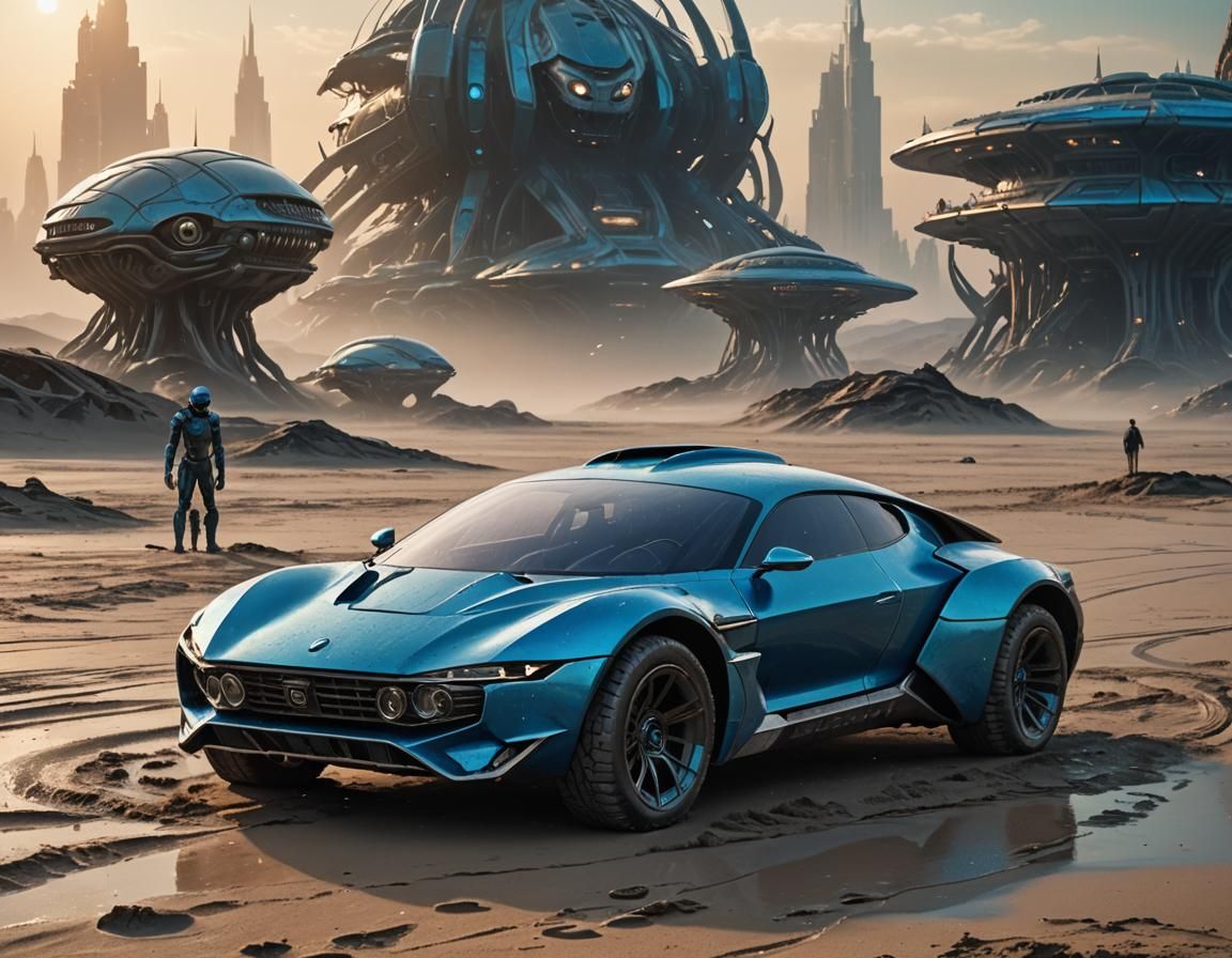 Futuristic Car on Alien Beach at Sunset