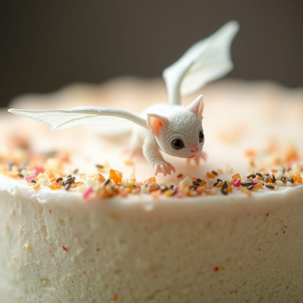 Macro Photo of Fluffy Kitten Dragon Flying Over Cake