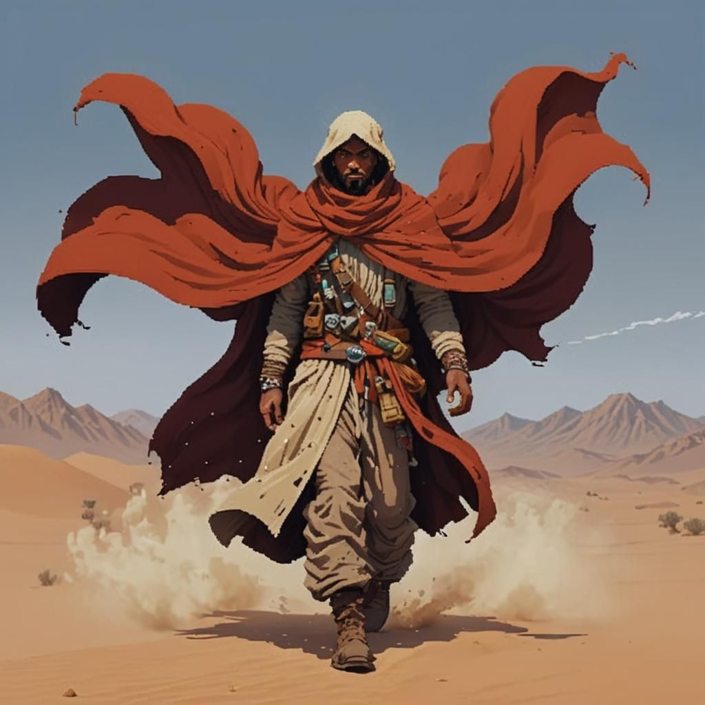 (Pixel art:3.1), pixel style, character: a desert nomad trek...
