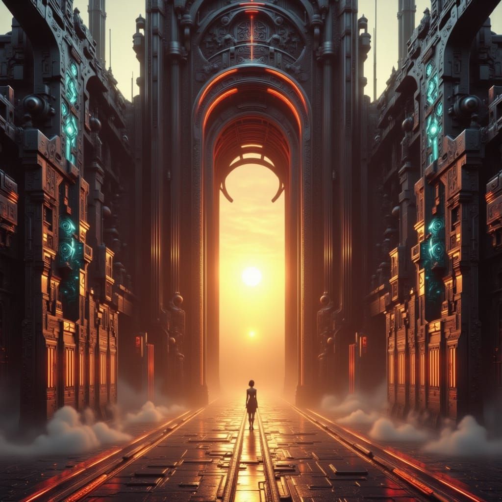 Cyberpunk Monumental Gateway at Desert Sunset