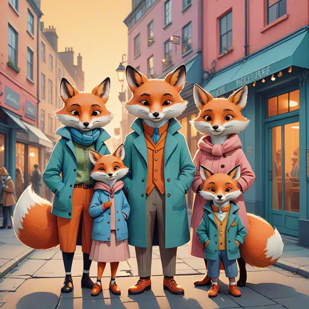 Cartoon Foxes in Urban Setting, Beatrix Potter Style