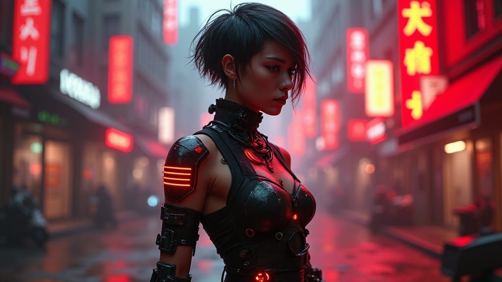 Cybernetic Warrior in Dystopian Neon City