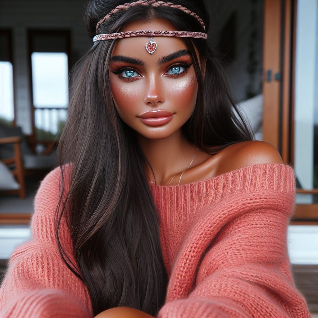 Beautiful Woman with Heart-Shaped Eyes on Porch