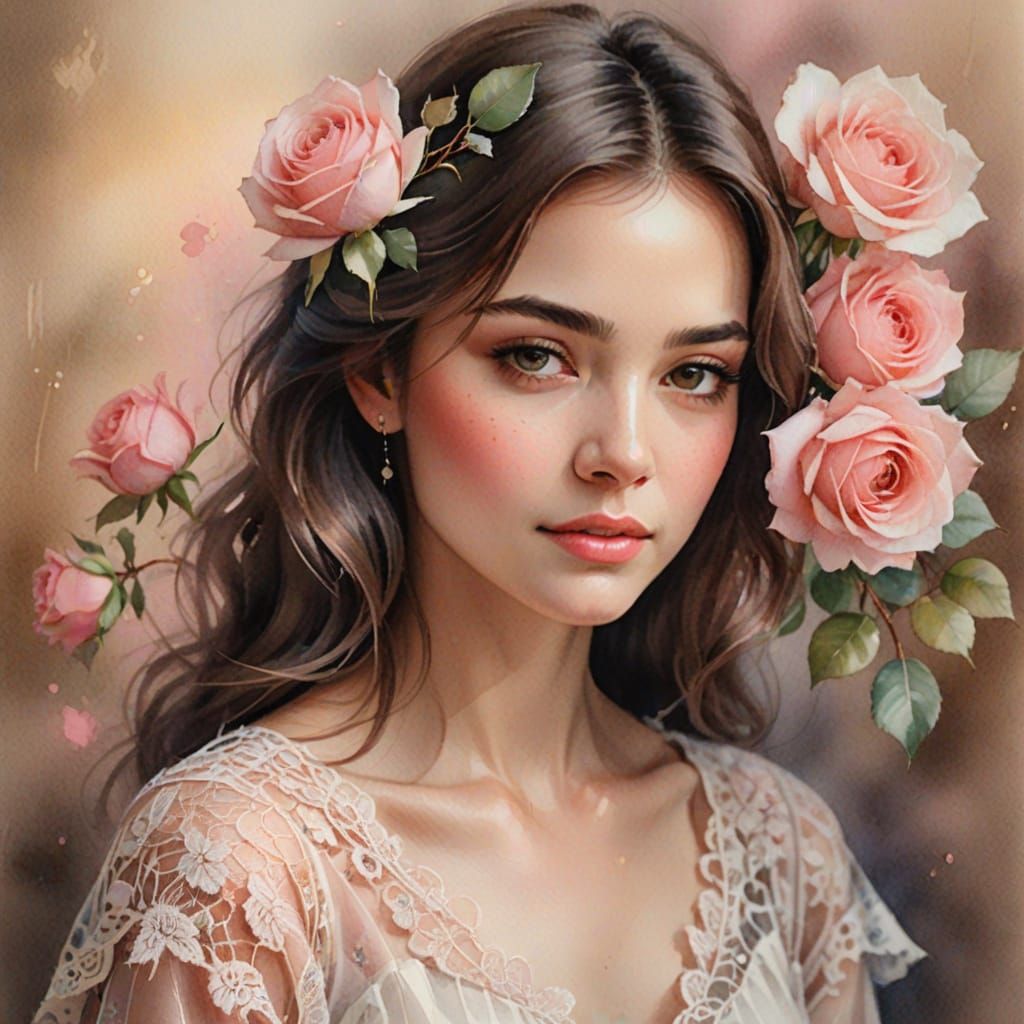 Watercolor Portrait of a Woman Holding Pink Roses