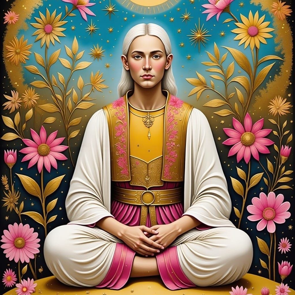 Golden Christic Warrior Monk in Vibrant Garden Scene