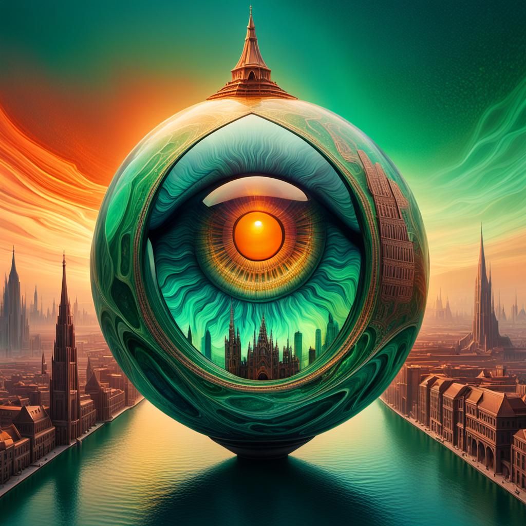 Emerald Surrealist Cityscape in Giant Eye