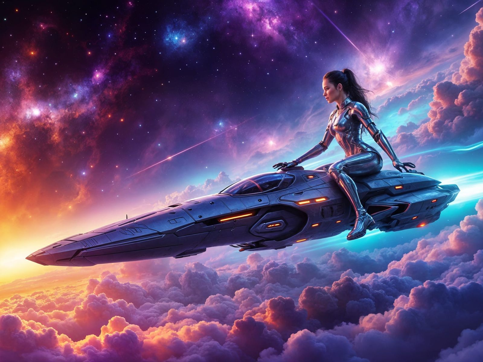 Sci-Fi Warrioress in Nebula Aboard Spaceship