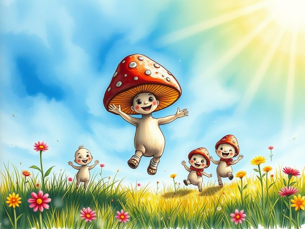 Vibrant Mushrooms Leap in Sunny Meadow