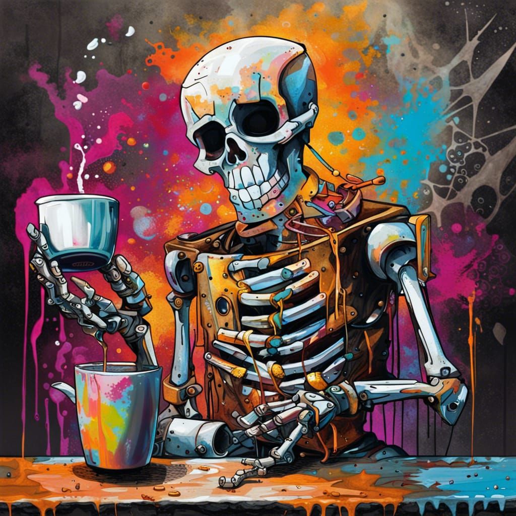 Robot Skeleton Drinks Coffee in Graffiti Art