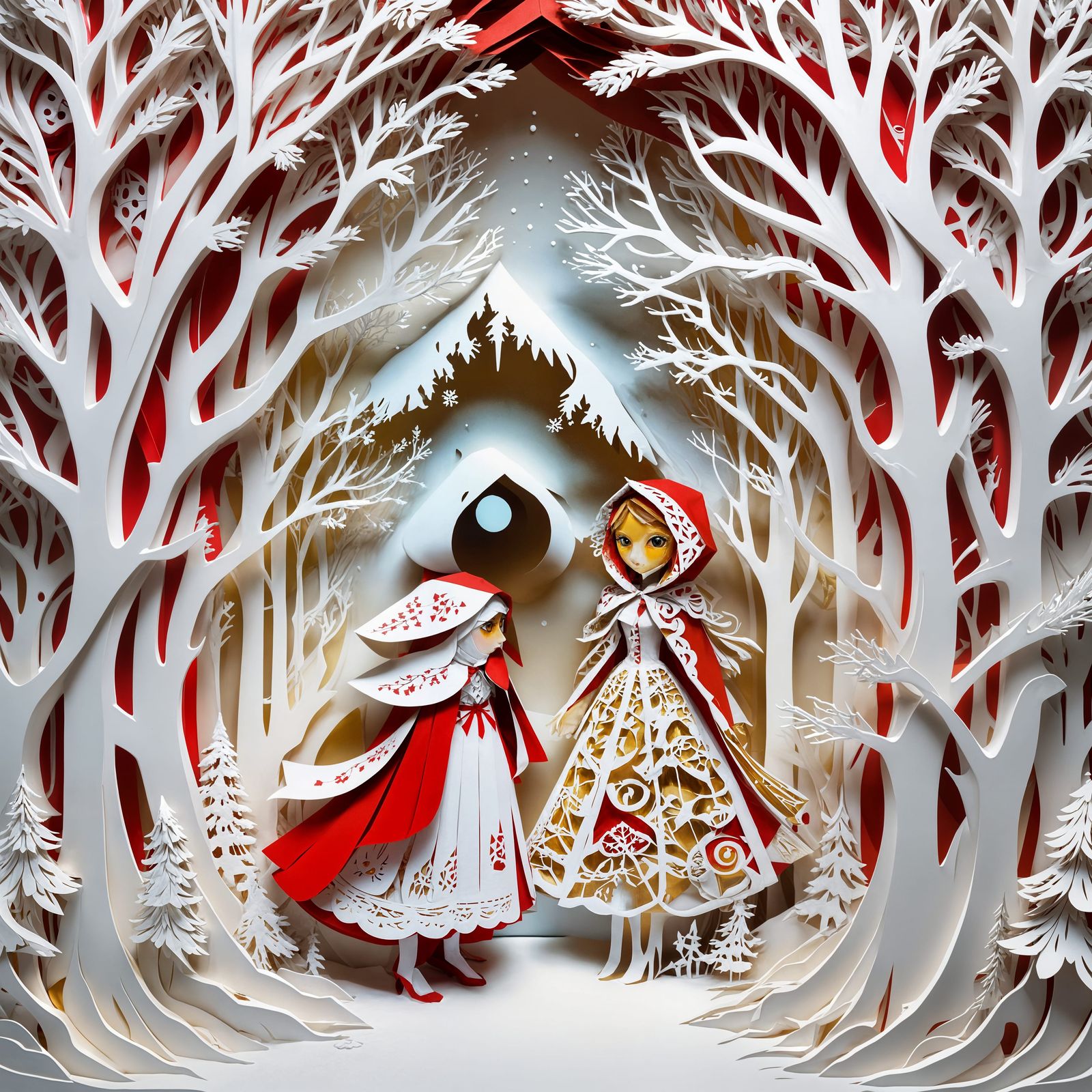 Kirigami Red Riding Hood in Snowy Forest