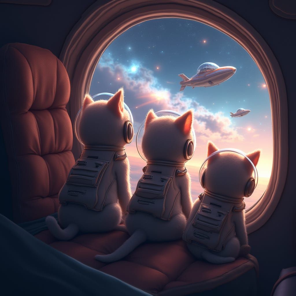 Kittens in Elegant Spaceship Watch Nebula Flyby in Space