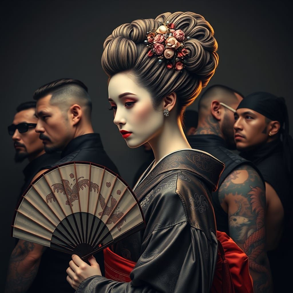Geisha girl with pale, luminous skin (1.1) and an intricatel...