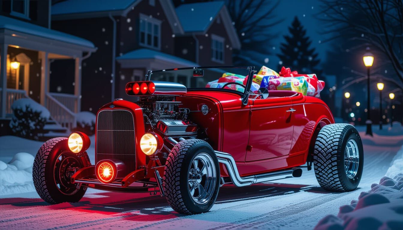 Red Hot Rod Convertible on Snowy Street at Night