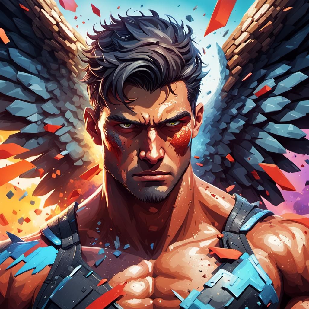 Pixelated Fallen Angel with Godlike Abs