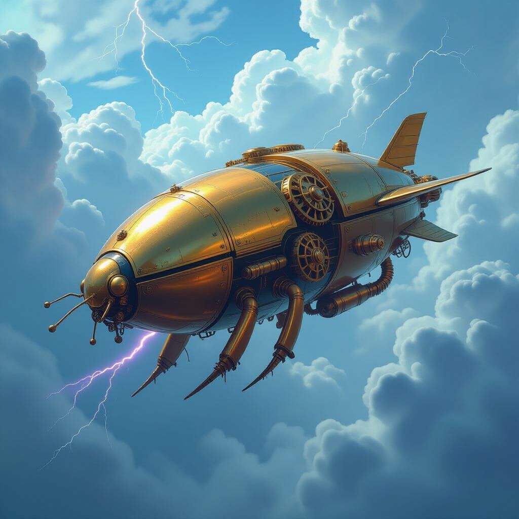 Steampunk Scarab Beetle Airship Soaring Through Stormy Skies