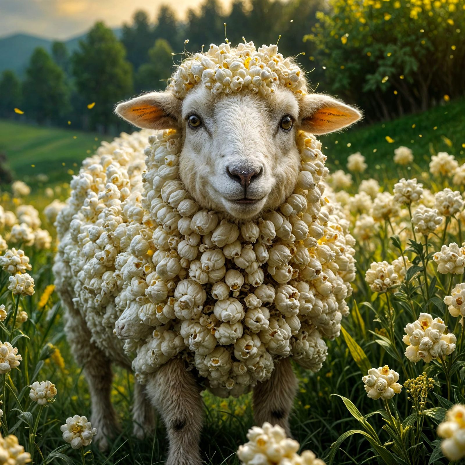 Popcorn Sheep in Meadow: A Photorealistic Fantasy