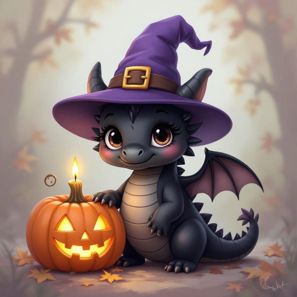 Cute Black Dragon in Precious Moments Style with Witch Hat