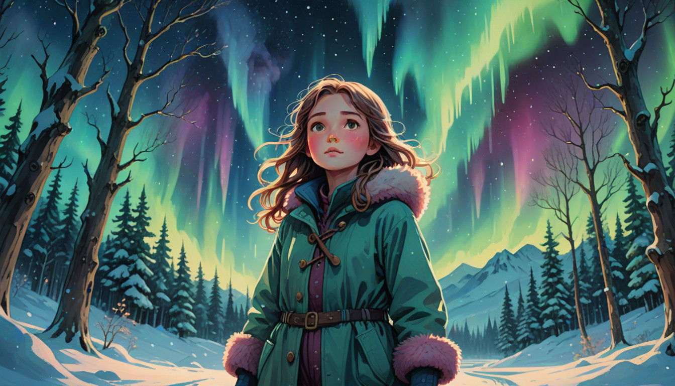 Whimsical Anime Scene: Snowy Girl Admires Aurora Borealis