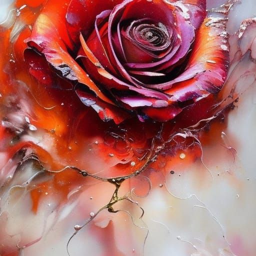 Detailed Fire Rose in Marbled Oil Splash Style